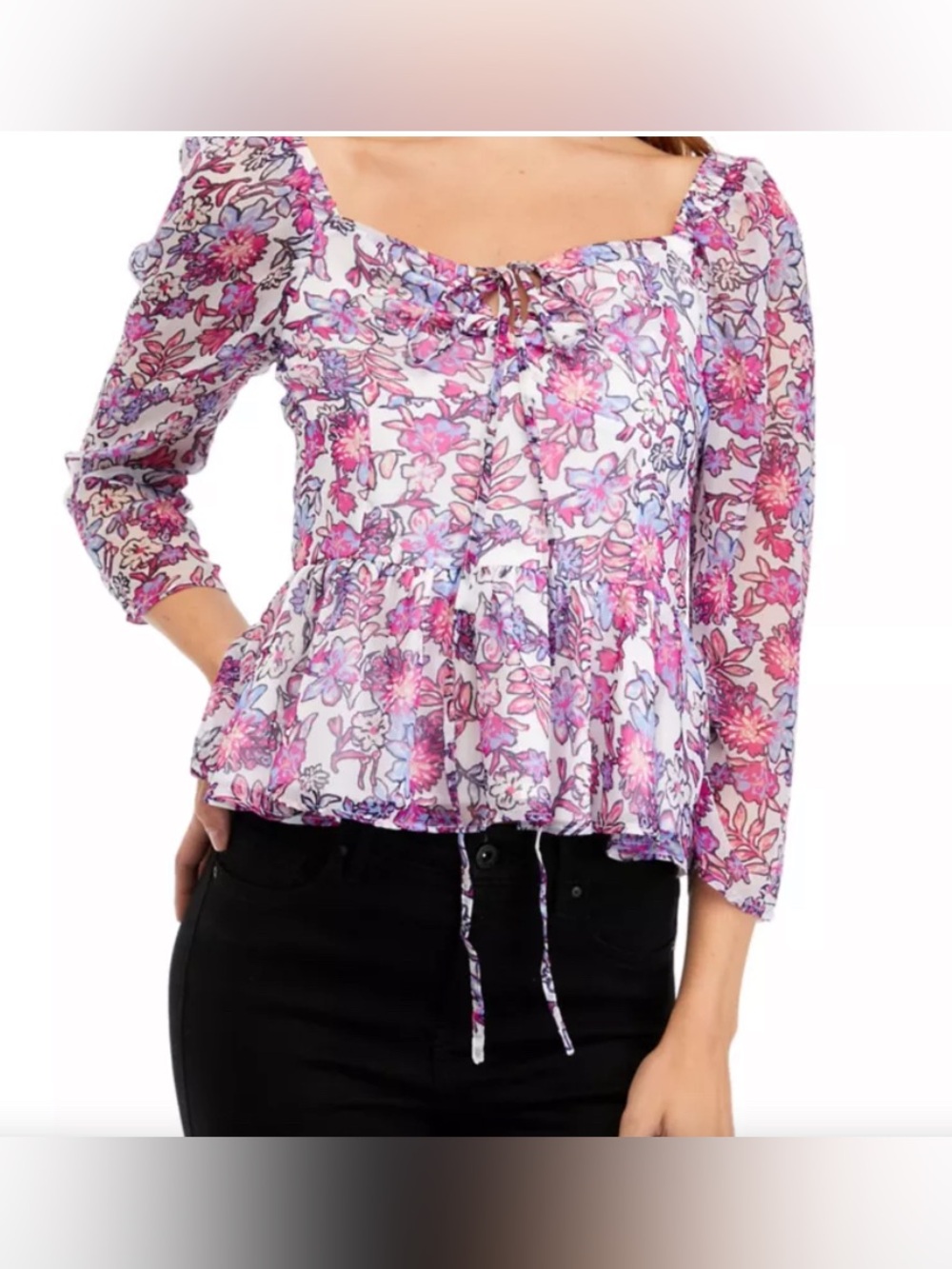 French Connection Fotini Hallie Printed Blouse Pink & Blue Milkmaid Style Sz S